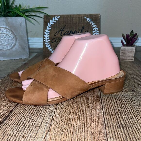 Schutz Barbarella brown suede criss-cross block heel slide sandals - Picture 7 of 13
